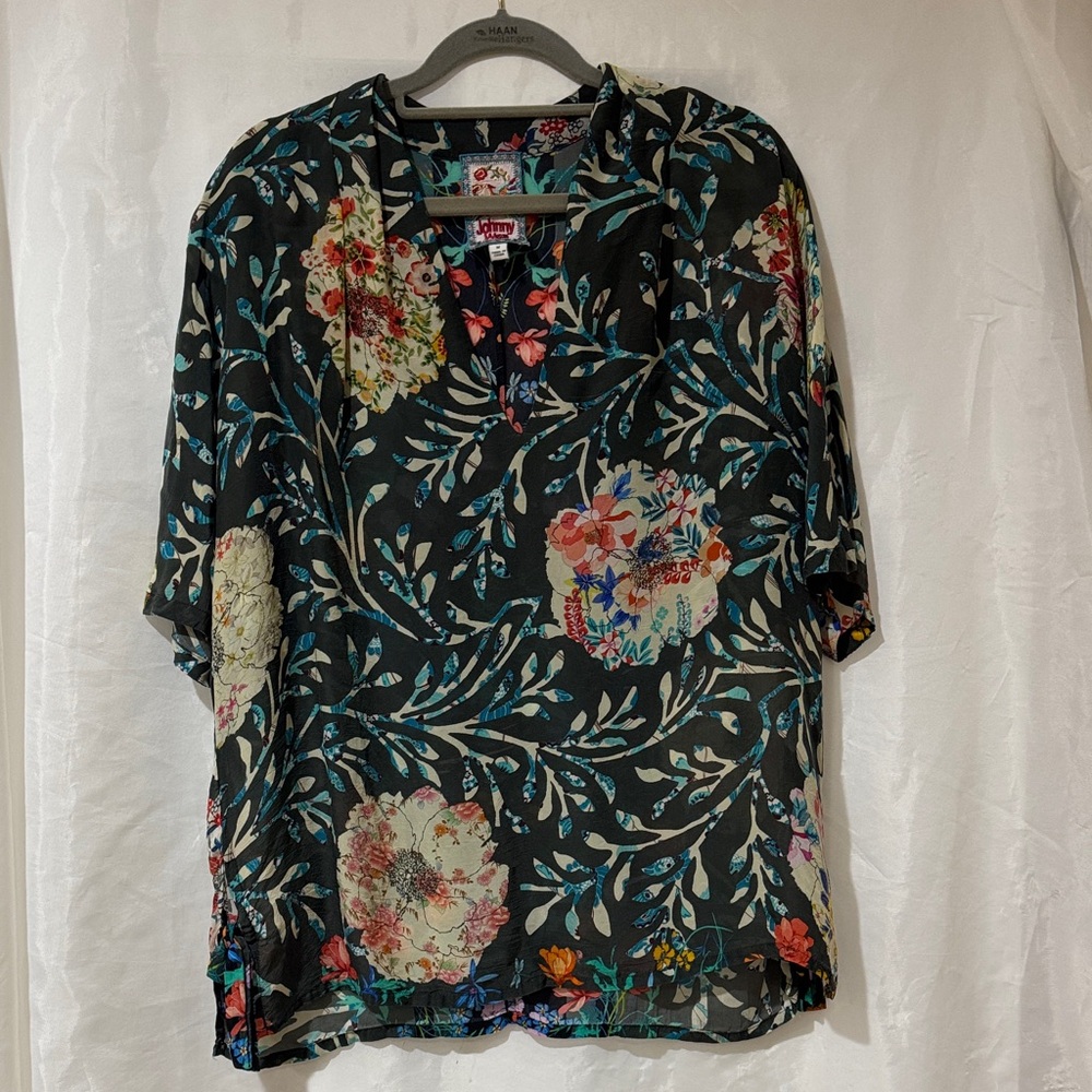 Johnny Was Medium Black Floral Sheer Blouse